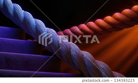 Close up of Dramatic Boxing Ring Ropes Illuminated by Striking Lighting Against a Dark Background 134393223