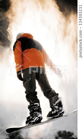 Snowboarder Carving a Sharp Turn at High Speed, Sending up a Cloud of Snow in Bright Alpine Setting Snowboarder Carving a Sharp Turn at High Speed, Sending up a Cloud of Snow in Bright Alpine Setting 134393231