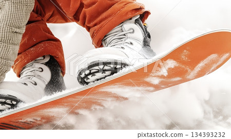 Snowboarder Carving a Sharp Turn on Fresh Snow While Speeding Downhill in Bright Winter Weather 134393232