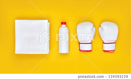 Water Bottle Towel and Boxing Gloves Arranged on a Vibrant Yellow Surface for Workout Preparation 134393239