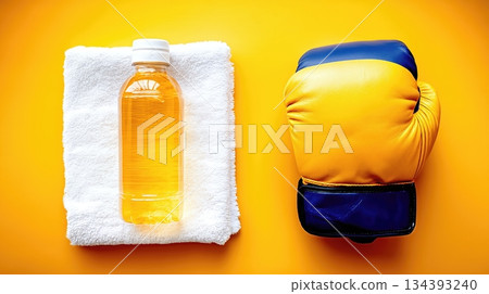 Refreshment and Readiness With Water Bottle, Boxing Glove, and Towel on Bright Surface Refreshment and Readiness With Water Bottle, Boxing Glove, and Towel on Bright Surface 134393240
