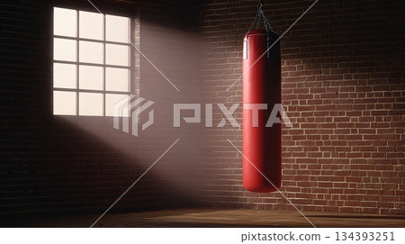 A Solitary Heavy Bag is Suspended in an Empty Boxing Gym 134393251