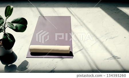 Gentle Yoga Mat in Calm Natural Light With a Touch of Greenery for a Peaceful Practice Space Gentle Yoga Mat in Calm Natural Light With a Touch of Greenery for a Peaceful Practice Space 134393260
