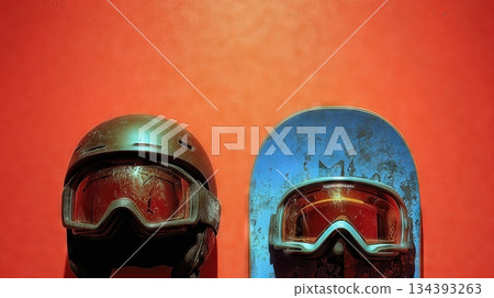 Snowboard Helmet and Goggles Positioned on a Bright Background Showing Minimalist Design Elements 134393263