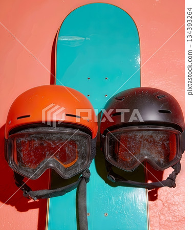 Snowboarding Gear Including Two Helmets and Goggles Against a Colorful Snowboarding Backdrop 134393264
