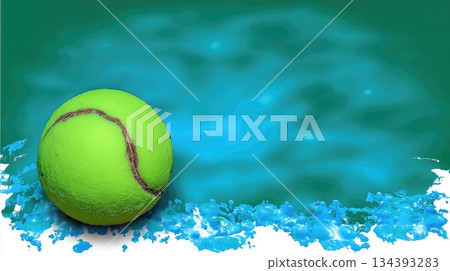 Bright Green Tennis Ball Resting Near Vibrant Blue Water Background With Playful Splashes Bright Green Tennis Ball Resting Near Vibrant Blue Water Background With Playful Splashes 134393283