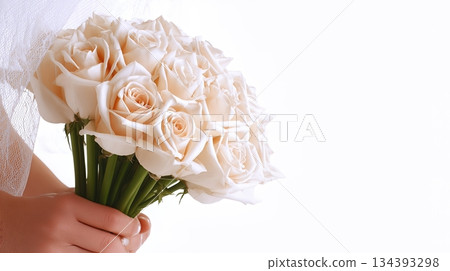 Elegant Bridal Bouquet of White Roses Held Against a Simple Wedding Background 134393298
