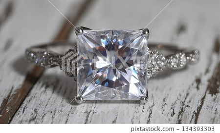 Stunning White Sapphire Ring With Elegant Setting and Sparkling Accents on Vintage Wood Background 134393303