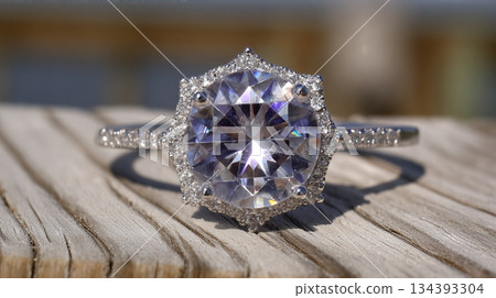 Beautiful White Sapphire Ring With Intricate Design Showcased Outdoors on a Wooden Surface 134393304