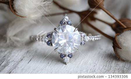 Elegant White Sapphire Ring on a Rustic Wooden Surface With Floral Accents Elegant White Sapphire Ring on a Rustic Wooden Surface With Floral Accents 134393306