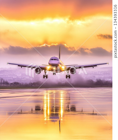 Plane Takes off at Sunset, Showcasing Vibrant Colors and Reflections on the Runway Plane Takes off at Sunset, Showcasing Vibrant Colors and Reflections on the Runway 134393316