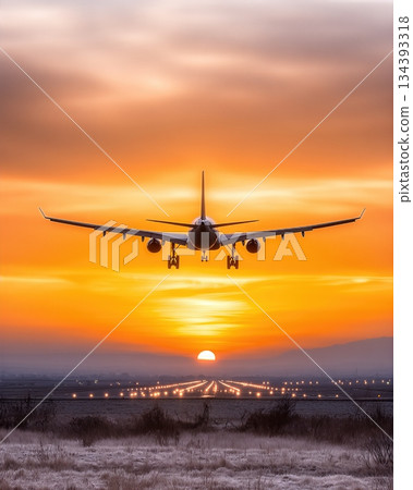Plane Takes off Against a Stunning Sunset Over the Runway With Vibrant Colors in the Sky Plane Takes off Against a Stunning Sunset Over the Runway With Vibrant Colors in the Sky 134393318
