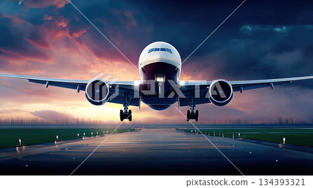Plane Takes off at Sunset With Vibrant Clouds and Striking Colors in the Background 134393321