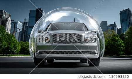 New Shiny Car Parked Against Urban Skyline During Bright Sunny Day 134393330