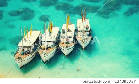 Beautiful Aerial View of Anchored Boats in Clear Waters off Pulau Indonesia 134393357
