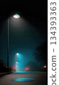 Suburban Night Scene With One Flickering Street Light in the Dark 134393363