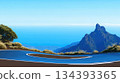Winding Mountain Road Showcases Breathtaking Views of Ocean and Peaks Under Clear Sky 134393365