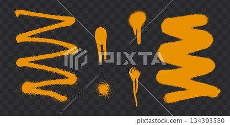 Orange spray paint splatters with drips on transparent checkered background. 134393580
