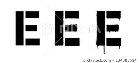 Stencil letter. A bold letter E in a clean, splattered, and dripping graffiti style on a white background. 134393584
