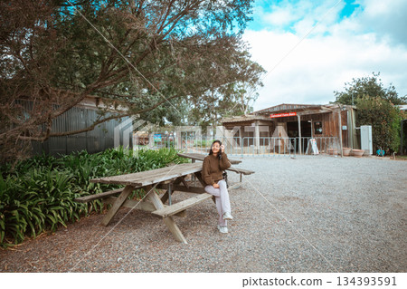 Relaxation Spot Amidst Nature: Outdoor Seating and Rustic Cabin 134393591