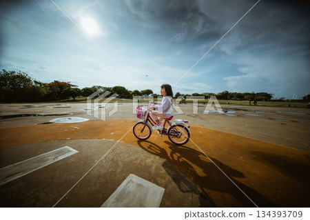A Child Joyfully Riding a Bicycle in a Beautiful Park Under a Dramatic Sky 134393709