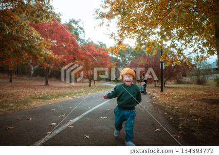 child running through fall park scene, energetic toddler in autumn park with leaves 134393772