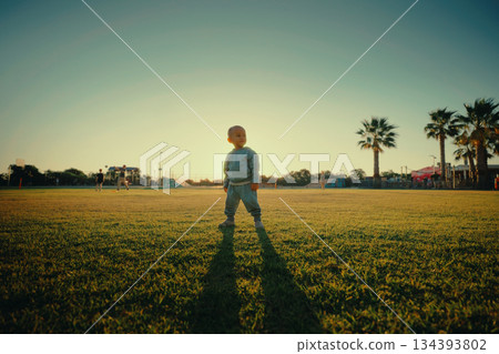 A Child Standing on Lush Green Grass Beneath a Clear Sky at Sunset A Child Standing on Lush Green Grass Beneath a Clear Sky at Sunset 134393802