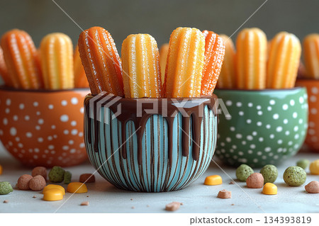 For friendly baking blogs. Various of Mexican churros with chocolate. Street food setting. Cultural and global dessert. 134393819