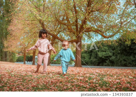 kids exploring among colorful leaves, two children stroll through vibrant fallen leaves 134393837