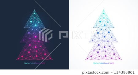 Christmas tree with connection dots and lines in the technology style. New Year card or digital tech Logo, sign, banner, header, calendar poster 134393901