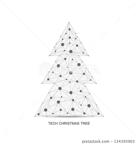 Christmas tree with connection dots and lines in the technology style. New Year card or digital tech Logo, sign, banner, header, calendar poster 134393903