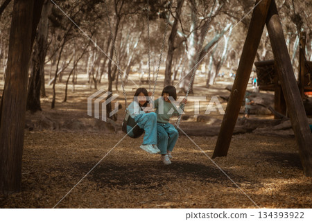 Experiencing Joyful and Memorable Moments on Swings in a Beautifully Serene Park Setting Experiencing Joyful and Memorable Moments on Swings in a Beautifully Serene Park Setting 134393922