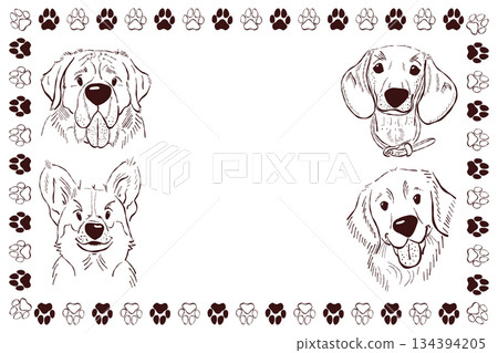 Dog portrait sketch collection with pawprint frame in minimal line art 134394205