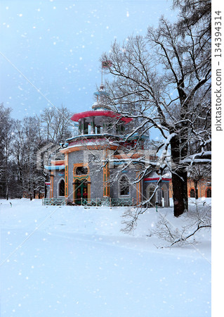 Russia, St. Petersburg, February 22, 2018. Photo Pavilion Turkish Bath, located in the State Museum Reserve Tsarskoye Selo (Pushkin). 134394314