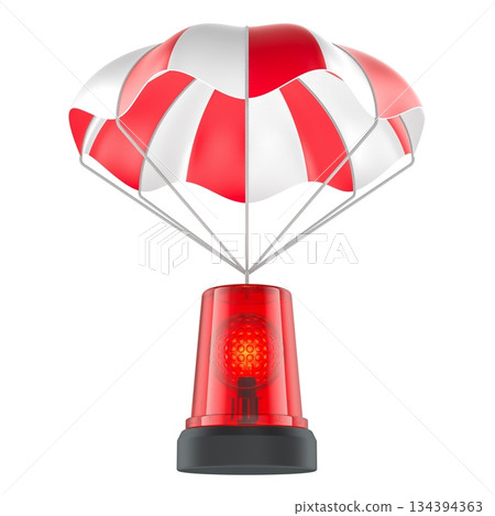 Emergency beacon descending on parachute. 3D rendering 134394363