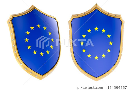 Protective shields with European Union flag stars, symbolizing security regulation and protection concept. 3D rendering 134394367