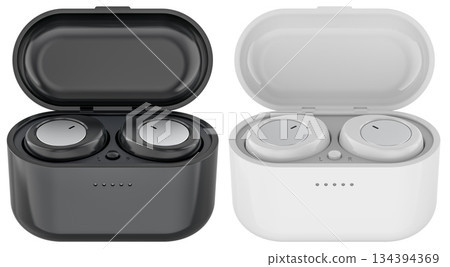 Wireless earbuds in black and white charging cases. 3D rendering 134394369
