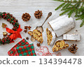 Stollen with filling of raisins, candied fruit 134394478