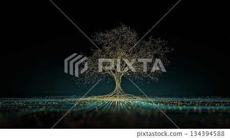 極簡主義數位樹，帶有金色光粒子和資料網路（青色背景） 134394588