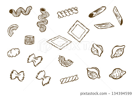 Hand drawn pasta shapes sketch set in minimal line art style 134394599
