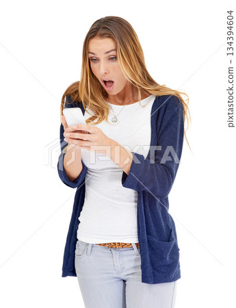 Shocked, wow and woman on a phone isolated a white background for fake news, wrong email or mistake. Surprise, fear or stress of person or online user with cellphone or mobile app problem in studio 134394604
