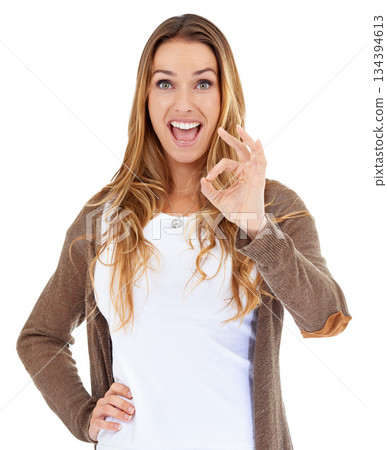 OK hand, wow and woman portrait isolated on a white background for success sign, great news and winning. Like, yes and okay emoji and excited, young person or model smile for winner goals in studio OK hand, wow and woman portrait isolated on a white background for success sign, great news and winning. Like, yes and okay emoji and excited, young person or model smile for winner goals in studio 134394613