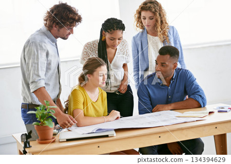 Creative business people, blueprint and planning in meeting for architecture or construction on office desk. Architect group in project discussion with floor plan in team collaboration for startup 134394629