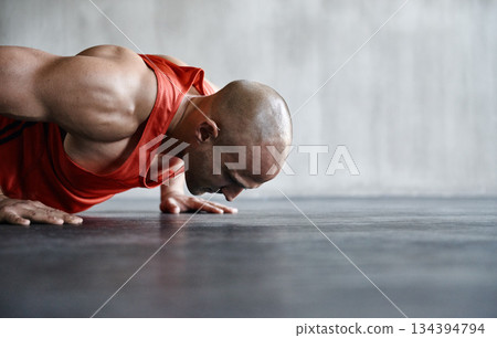 Fitness, muscle strength and man doing push up for fitness studio exercise, gym commitment or endurance. Health club mockup, bodybuilder goals and male body builder training, exercising or practice Fitness, muscle strength and man doing push up for fitness studio exercise, gym commitment or endurance. Health club mockup, bodybuilder goals and male body builder training, exercising or practice 134394794