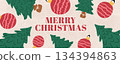 Merry Christmas festive banner with hand drawn Christmas trees and ornaments, vintage holiday illustration with pencil texture background 134394863