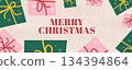 Merry Christmas festive banner with hand drawn gift boxes, vintage holiday illustration with pencil texture background 134394864