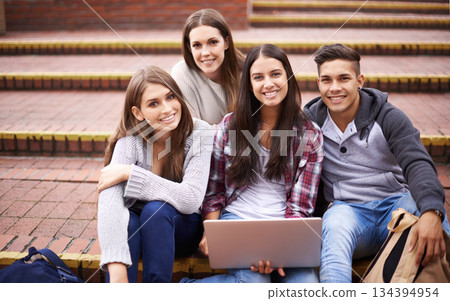 University, education and portrait of students with laptop for group project, studying and online learning. Diversity, friends and man and women on computer for knowledge, school and college research University, education and portrait of students with laptop for group project, studying and online learning. Diversity, friends and man and women on computer for knowledge, school and college research 134394954