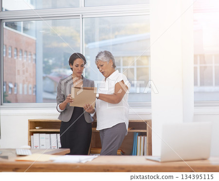 Paperwork, discussion and business women in office for planning, brainstorming or advice. Corporate team or manager and employee together for collaboration, talking or teamwork on a report or project 134395115