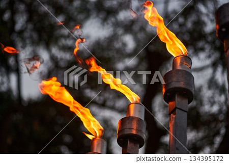 Hanukkah candles burning on menorah during Jewish holiday celebration 134395172