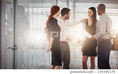 Business people, group and discussion in office corridor with men, women or diversity for strategy at startup. Businessman, leader or talk with advice, teamwork and brainstorming for company goal 134395174
